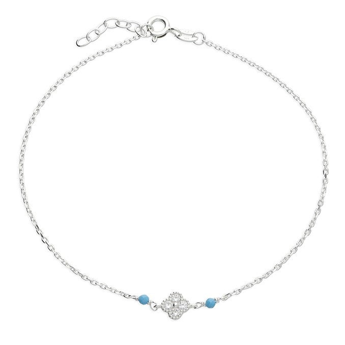Sterling Silver Turquoise Beads And Quatrefoil Charm Anklet, 25cm.