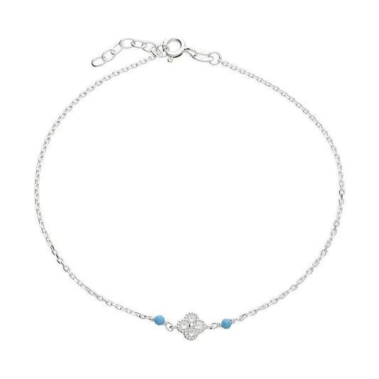 Sterling Silver Turquoise Beads And Quatrefoil Charm Anklet, 25cm.