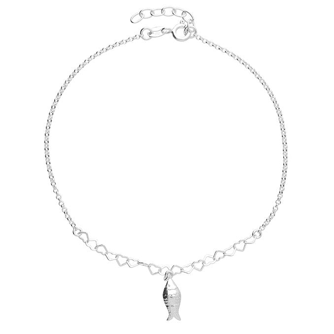 Sterling Silver Fish Charm And Heart Links Anklet