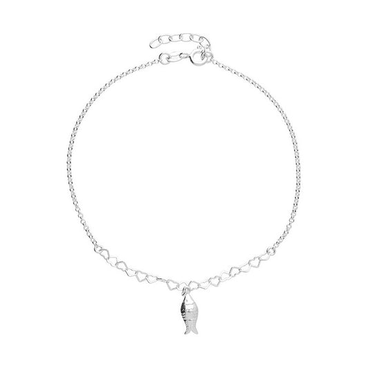 Sterling Silver Fish Charm And Heart Links Anklet