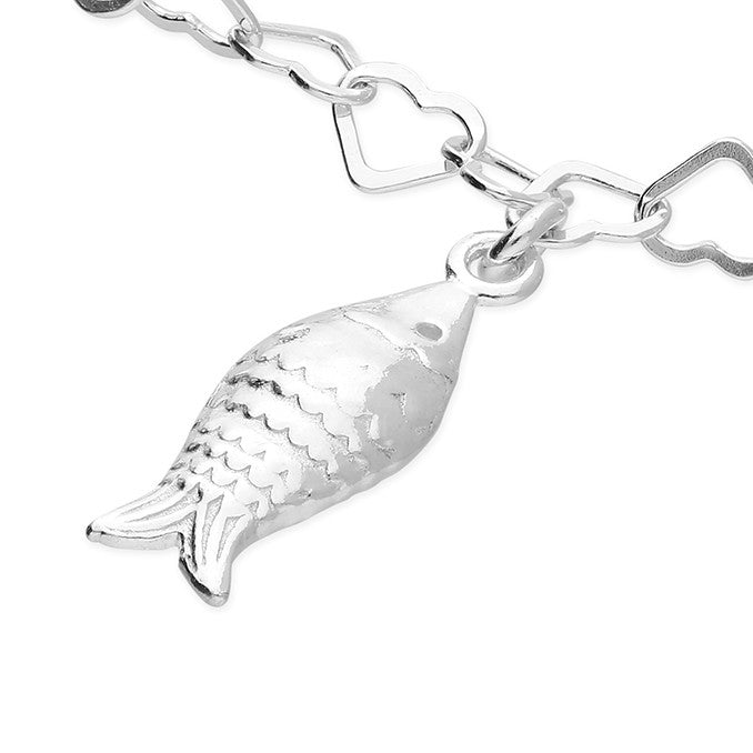 Sterling Silver Fish Charm And Heart Links Anklet