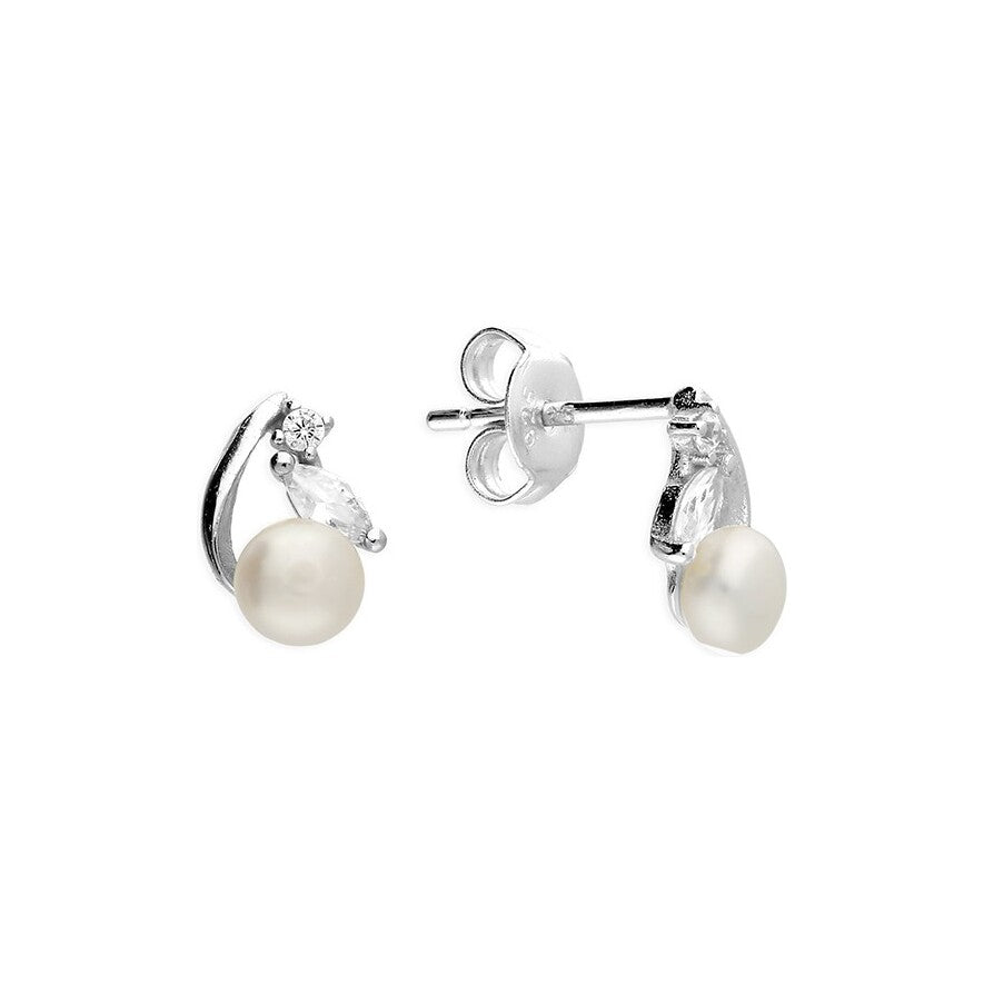 Sterling Silver Fresh Water Pearl And Cubic Zirconia Leaf Detail Earrings