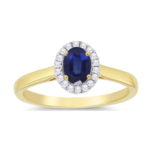 9ct gold 6x4mm oval sapphire & diamond cluster ring 0.10ct