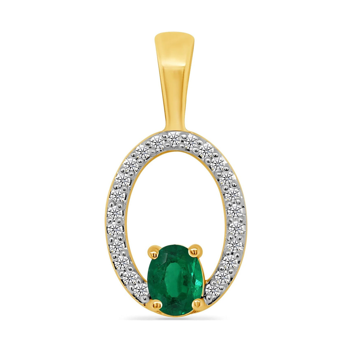 9ct gold 5x3mm oval emerald & diamond pendant 0.10ct