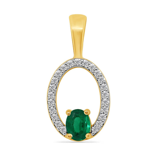 9ct gold 5x3mm oval emerald & diamond pendant 0.10ct
