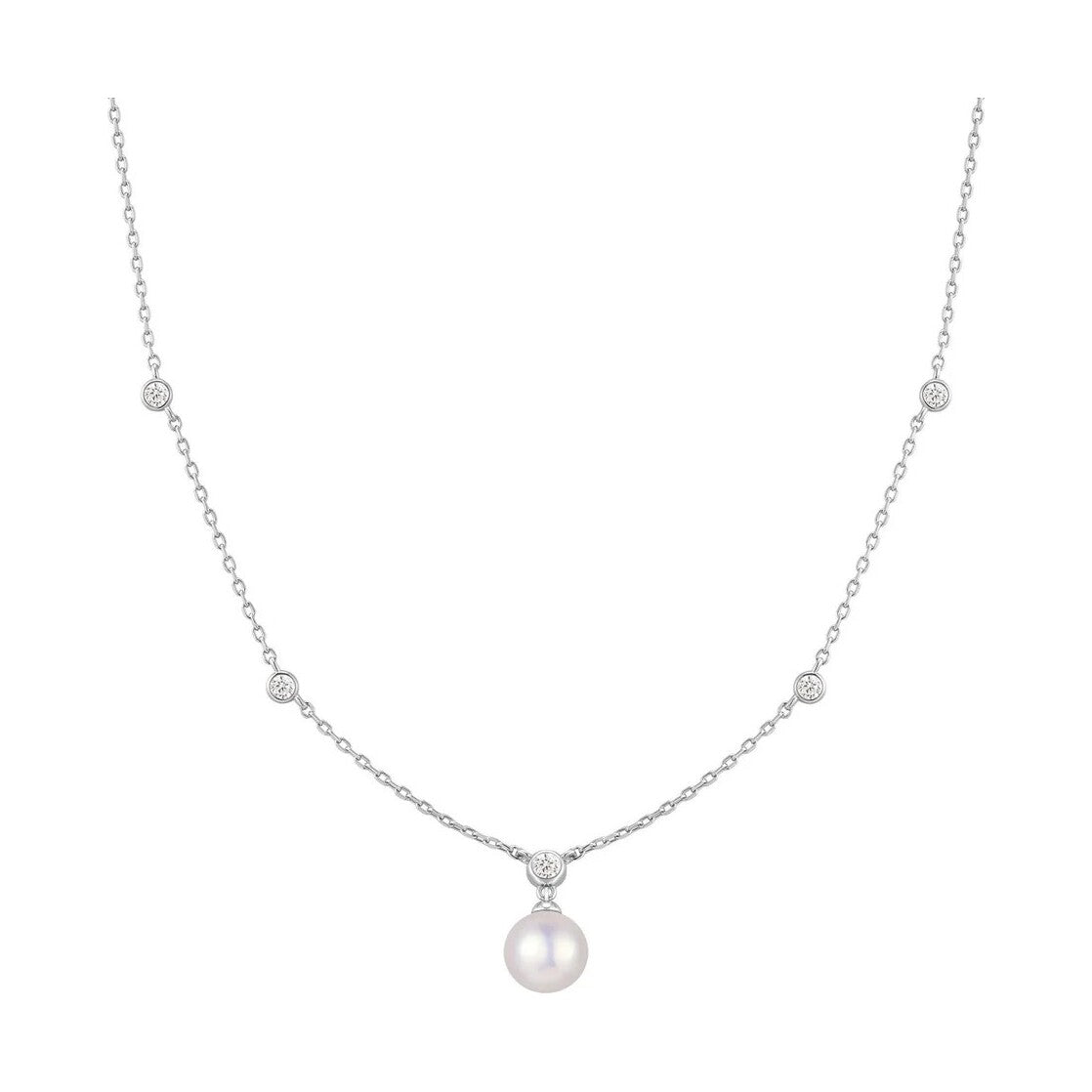 Silver Bezel-Set Station Necklace with Shell Pearl Pendant