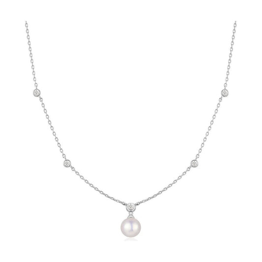 Silver Bezel-Set Station Necklace with Shell Pearl Pendant