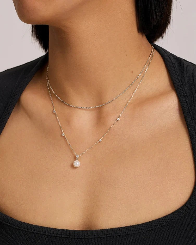 Silver Bezel-Set Station Necklace with Shell Pearl Pendant