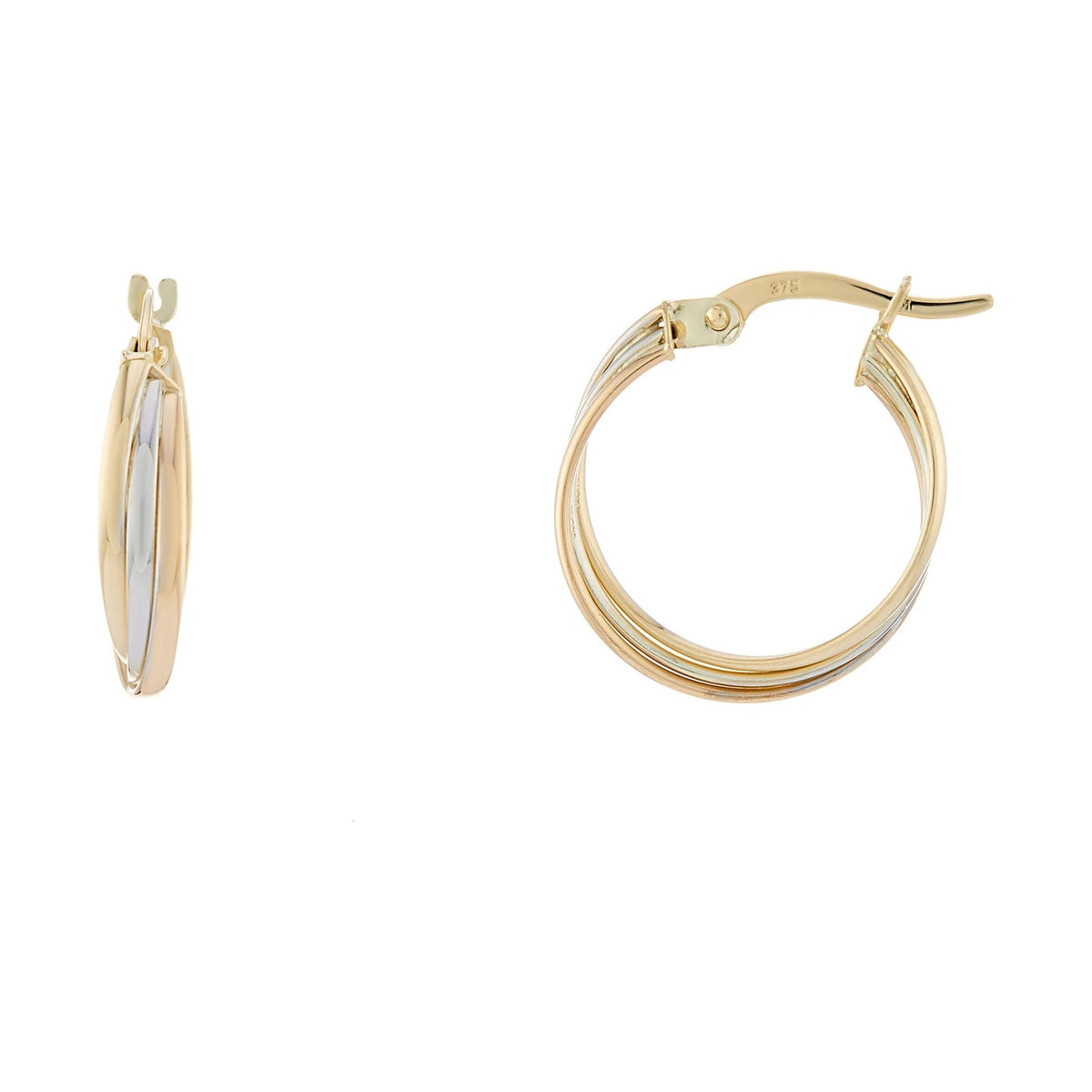 9ct three colour gold 15mm hoop earrings
