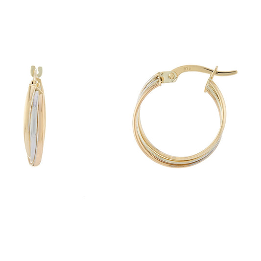 9ct three colour gold 15mm hoop earrings
