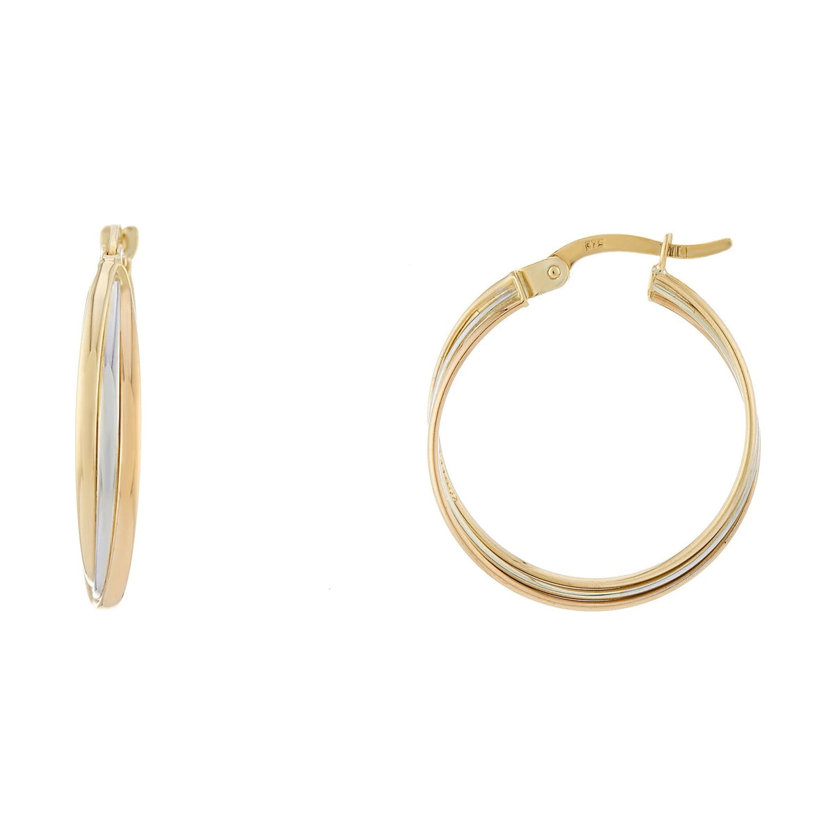 9ct three colour gold 20mm hoop earrings