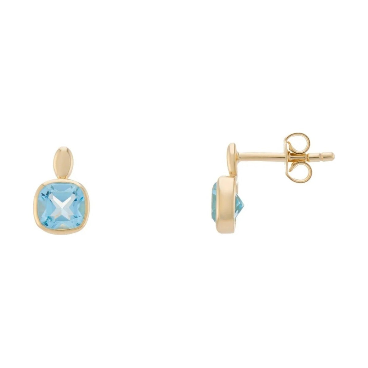 9ct gold 5mm cushion shape rub over set blue topaz stud earrings