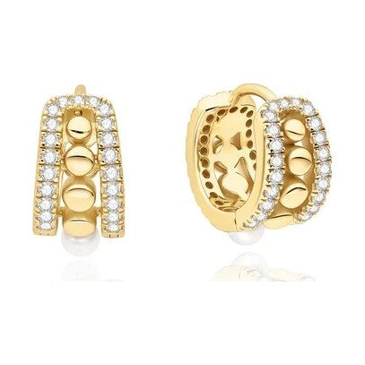 Gold Sparkling Shell Pearl Row Huggie Hoop Earrings