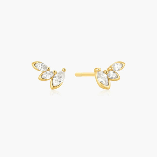 Gold Half-Bezel Triple Marquise Stud Earrings
