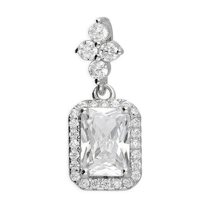Sterling Silver Rhodium Quatrefoil And Emerald Cut Pendant, 18" chain.