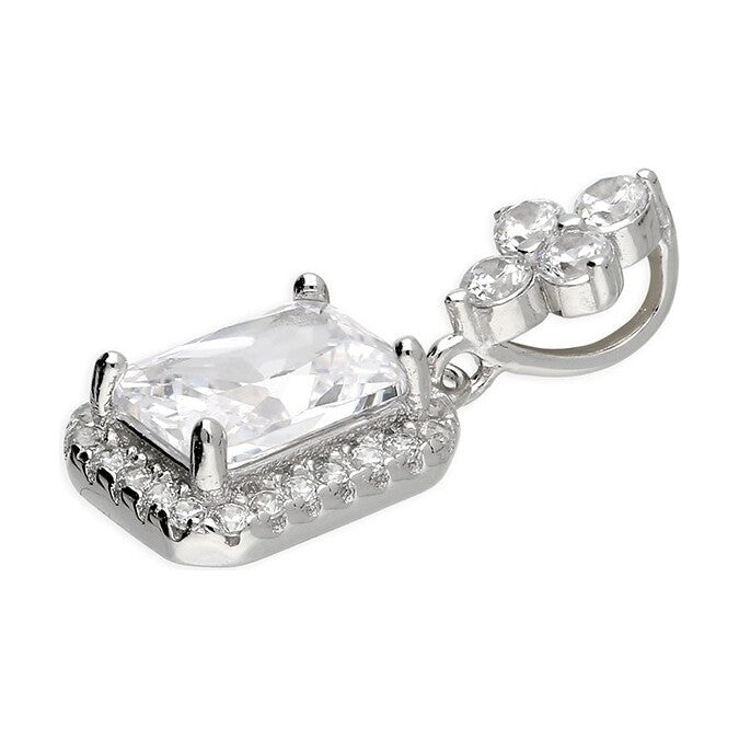 Sterling Silver Rhodium Quatrefoil And Emerald Cut Pendant, 18" chain.