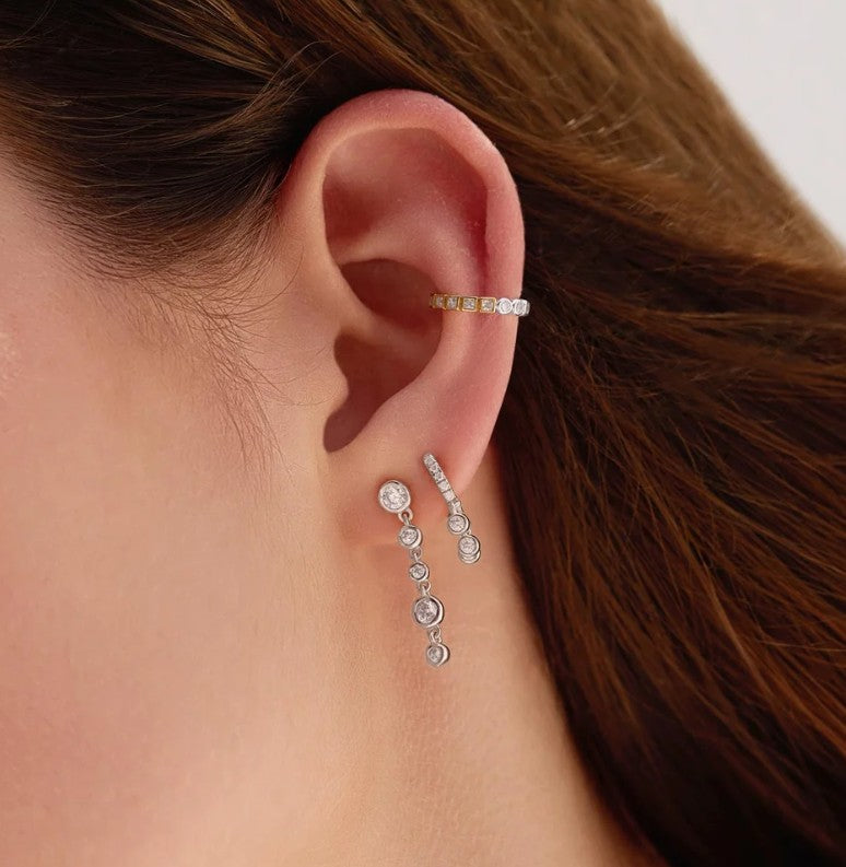 Silver Trio-Drop Huggie Hoop Earrings