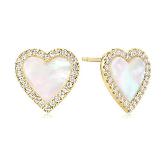 Gold Mother of Pearl Halo Heart Stud Earrings