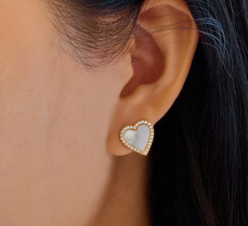 Gold Mother of Pearl Halo Heart Stud Earrings