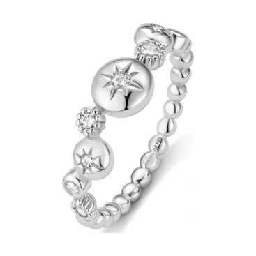 Silver Starburst Zig-Zag Beaded Ring -size 58