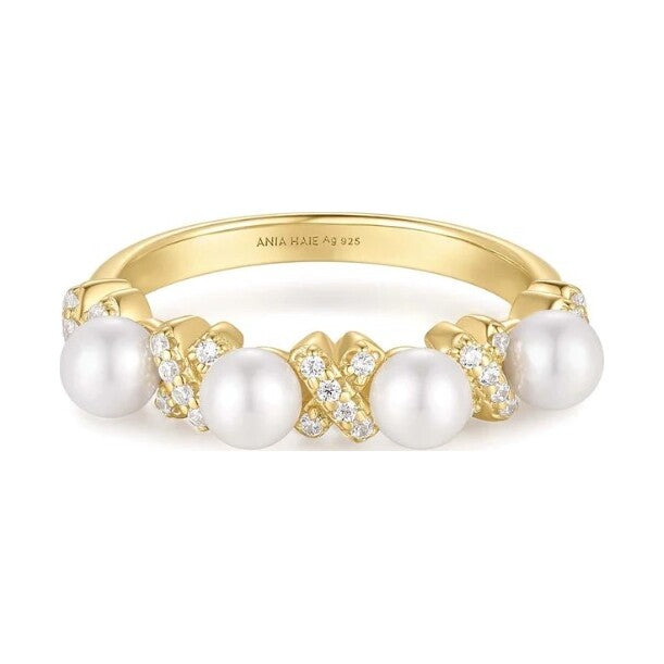 Gold Sparkling Braided Shell Pearl Ring, size 58