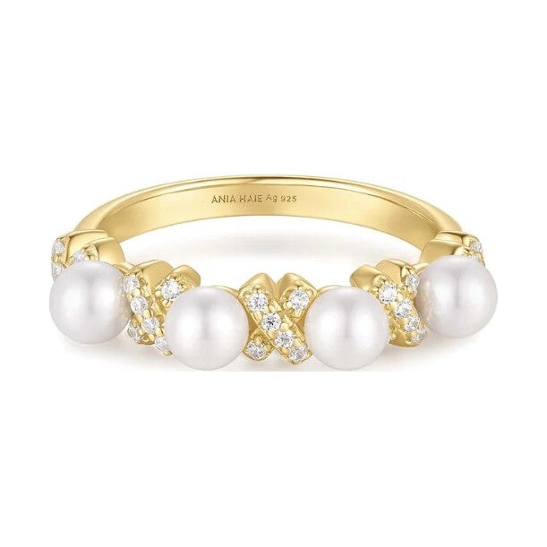 Gold Sparkling Braided Shell Pearl Ring, size 56