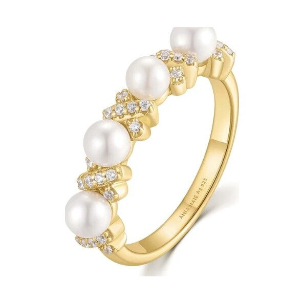 Gold Sparkling Braided Shell Pearl Ring, size 56