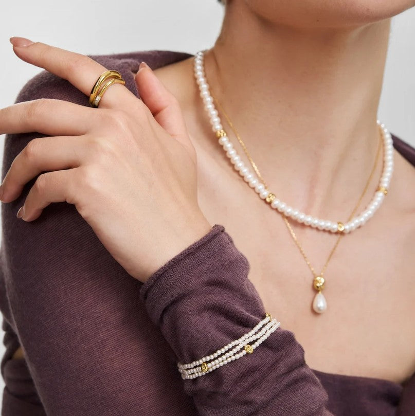 Gold Glass Pearl & Twist Beaded Bracelet