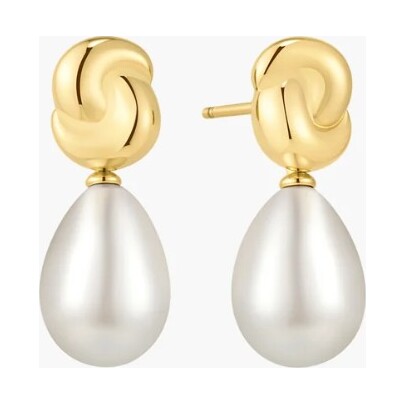 Gold Twist & Shell Pearl Drop Stud Earrings