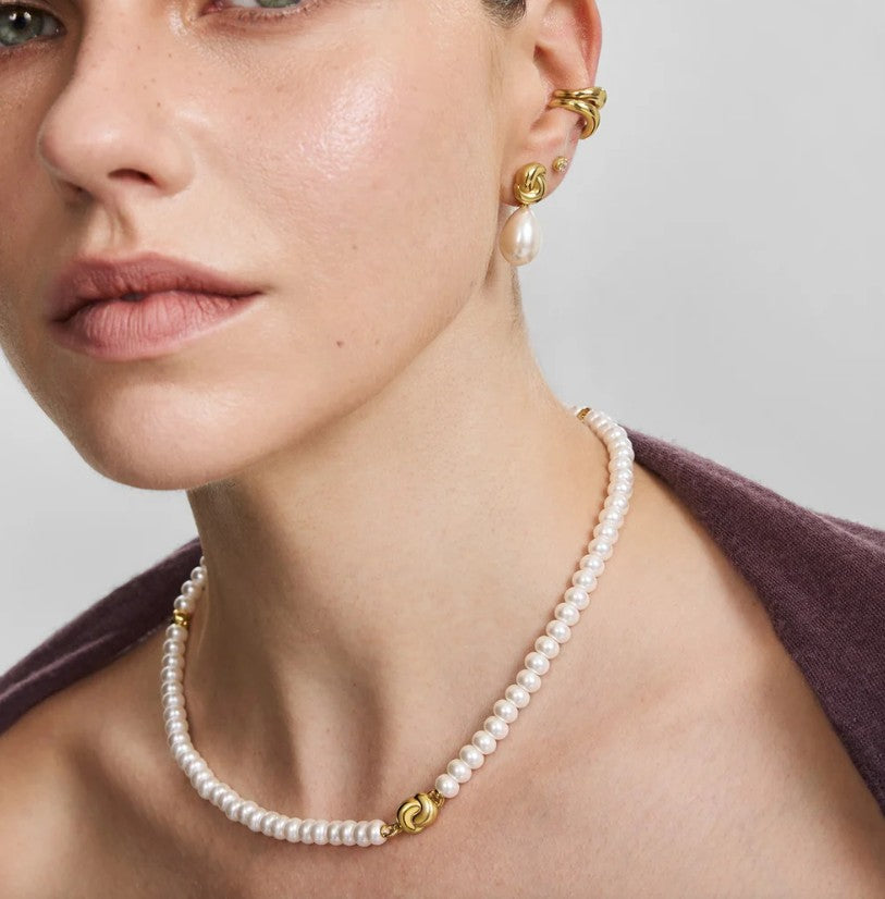 Gold Twist & Shell Pearl Drop Stud Earrings