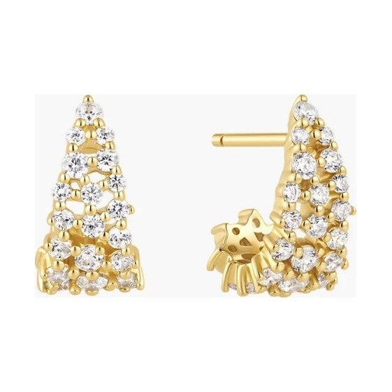 Gold Pavé Openwork Curved Stud Hoop Earrings