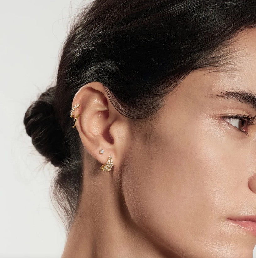 Gold Pavé Openwork Curved Stud Hoop Earrings