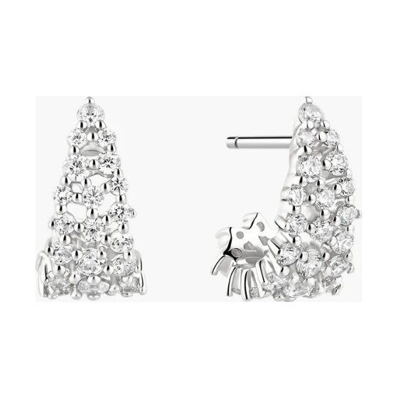 Silver Pavé Openwork Curved Stud Hoop Earrings