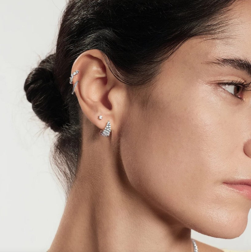 Silver Pavé Openwork Curved Stud Hoop Earrings