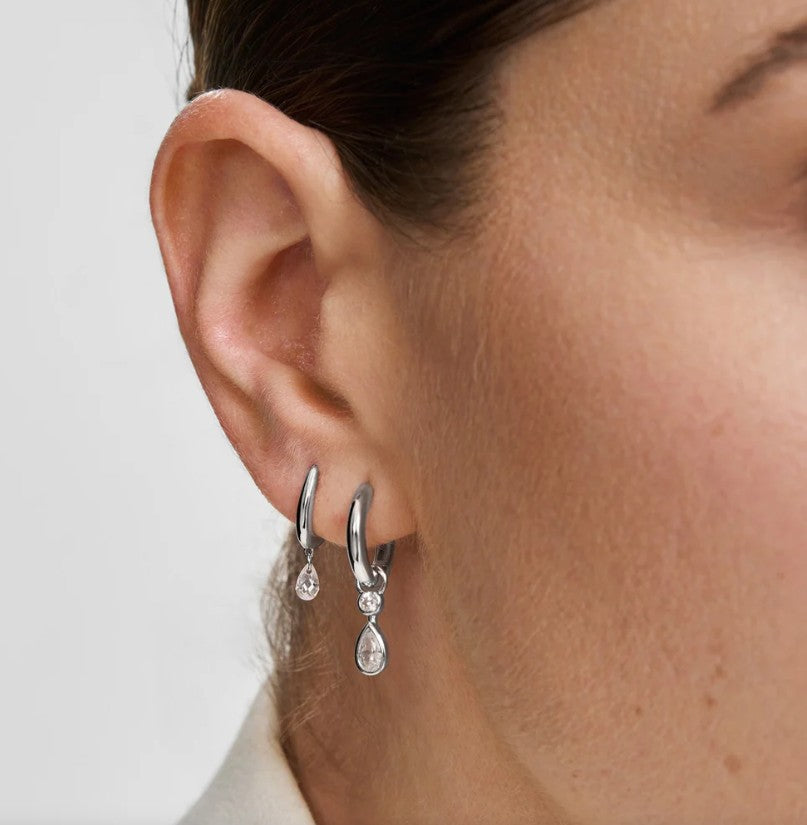 Silver Teardrop Dangle Huggie Hoop Earrings