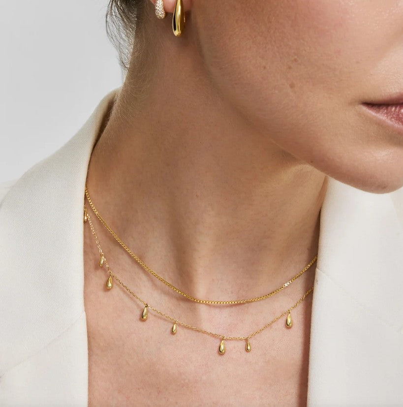 Gold Polished Teardrop Dangle Station Necklace