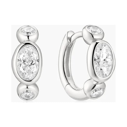 Silver Bezel Organic Pebble & Round Huggie Hoop Earrings