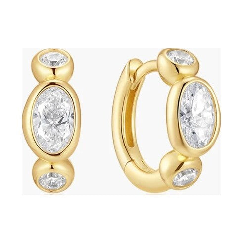Gold Bezel Organic Pebble & Round Huggie Hoop Earrings