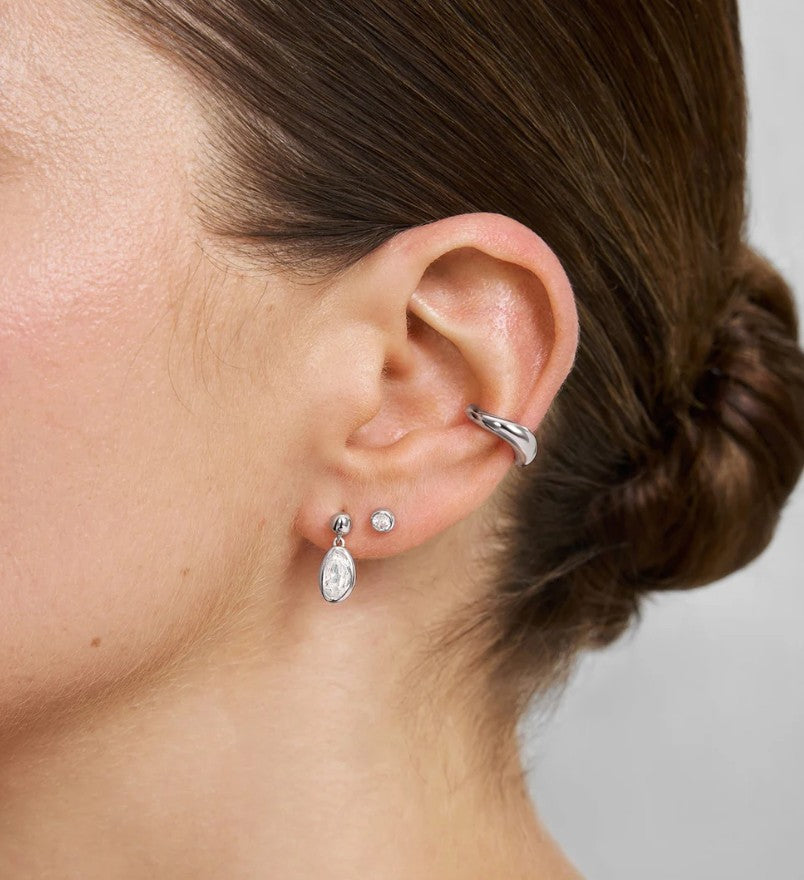 Silver Bezel Organic Pebble Dangle Stud Earrings