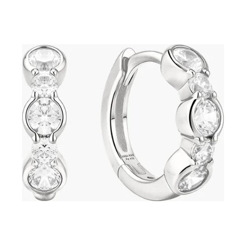 Silver Alternating Half-Bezel Huggie Hoop Earrings