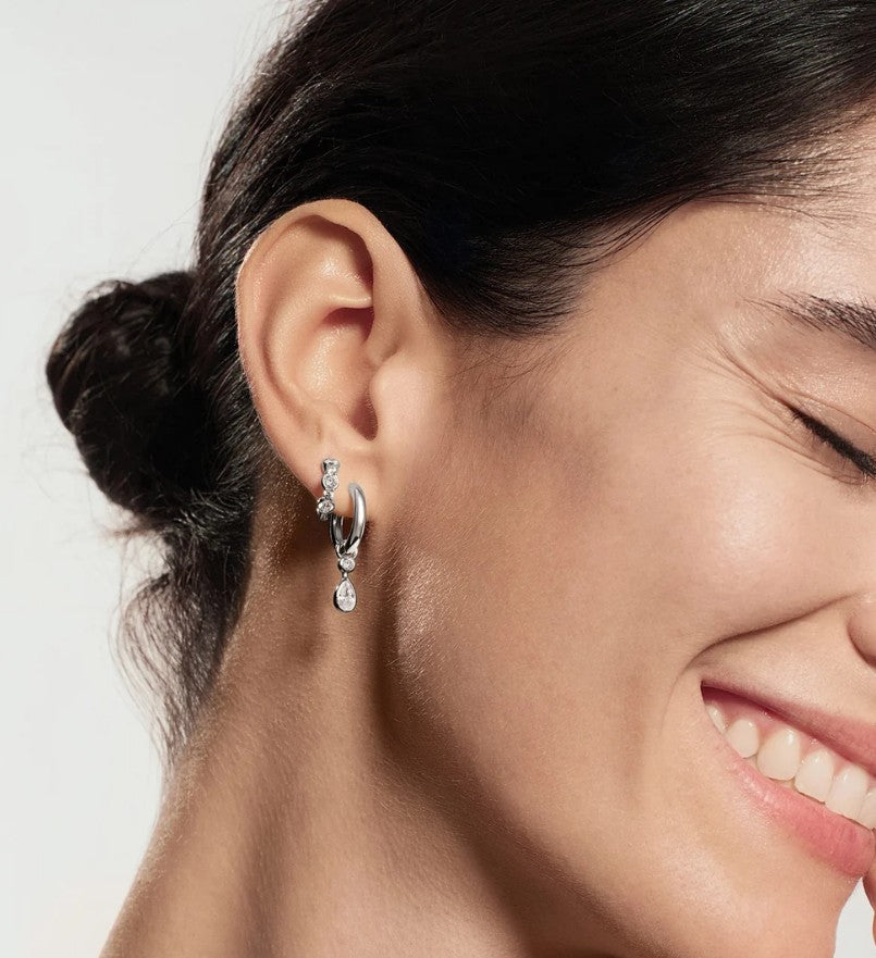 Silver Alternating Half-Bezel Huggie Hoop Earrings