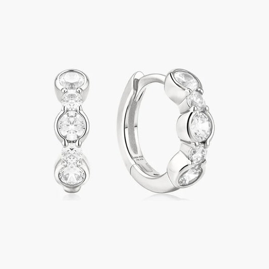 Silver Alternating Half-Bezel Huggie Hoop Earrings