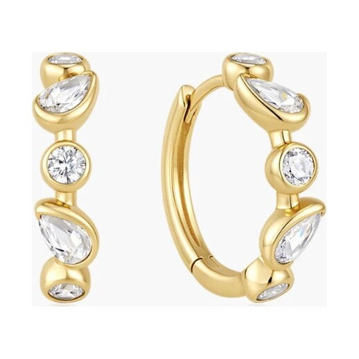 Gold Bezel Round & Teardrop Huggie Hoop Earrings