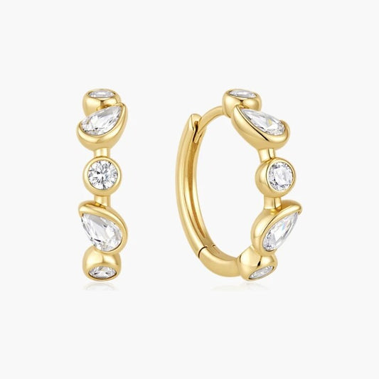 Gold Bezel Round & Teardrop Huggie Hoop Earrings