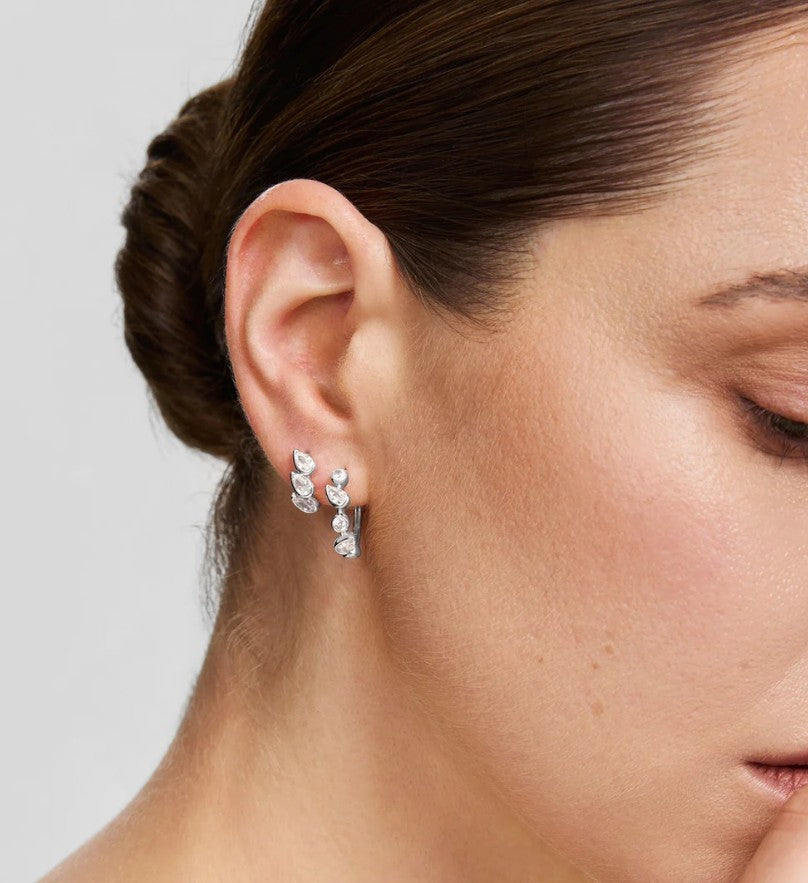 Silver Bezel Round & Teardrop Huggie Hoop Earrings