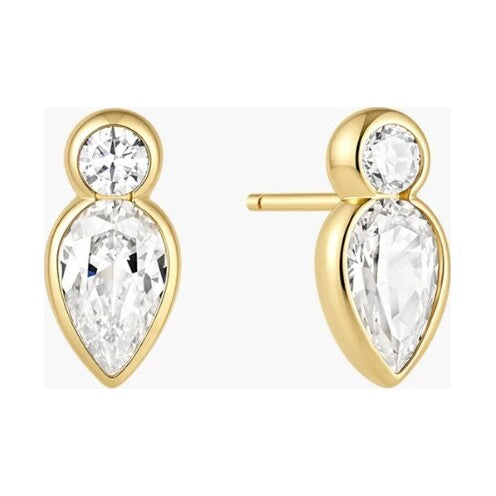 Gold Bezel Inverted Teardrop & Round Stud Earrings