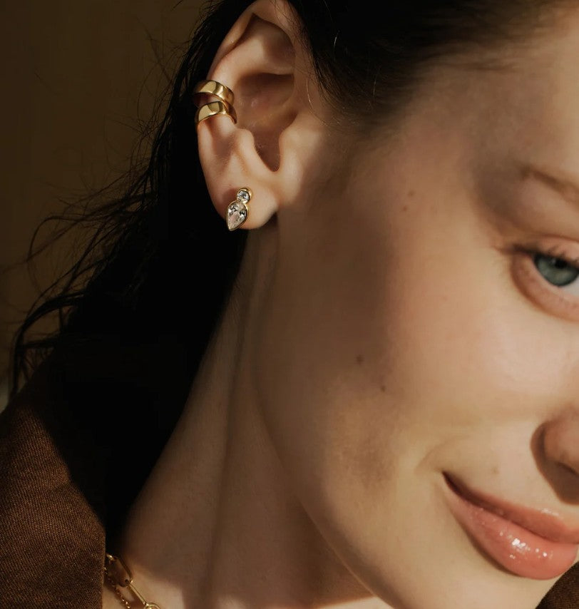 Gold Bezel Inverted Teardrop & Round Stud Earrings