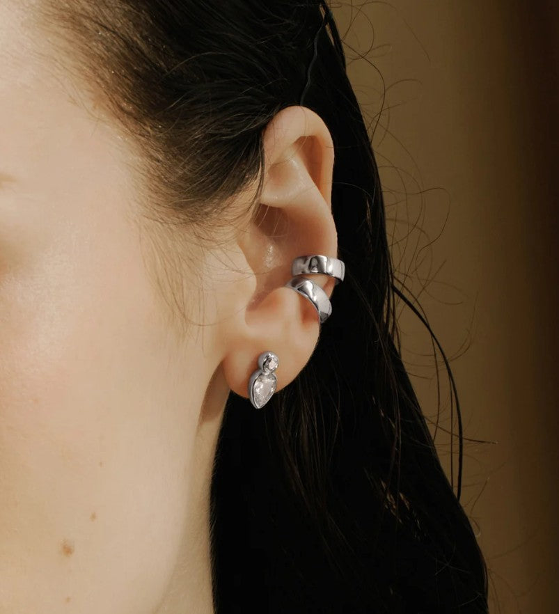 Silver Bezel Inverted Teardrop & Round Stud Earrings