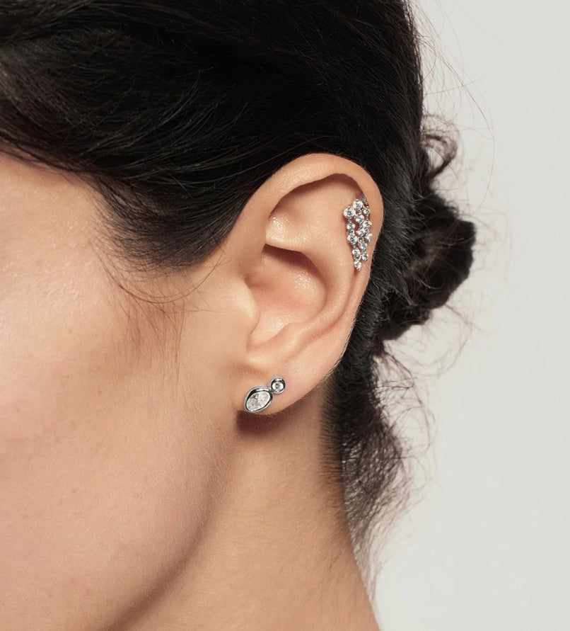 Silver Bezel Organic Pebble & Round Stud Earrings