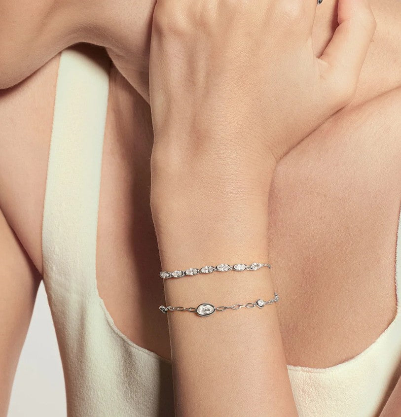 Silver Bezel Organic Dome Pebble Station Bracelet